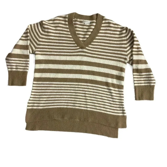 Ava Viv Tan Cream Striped Long Sleeve V Neck‎ Sweater Size 1X - Picture 1 of 6